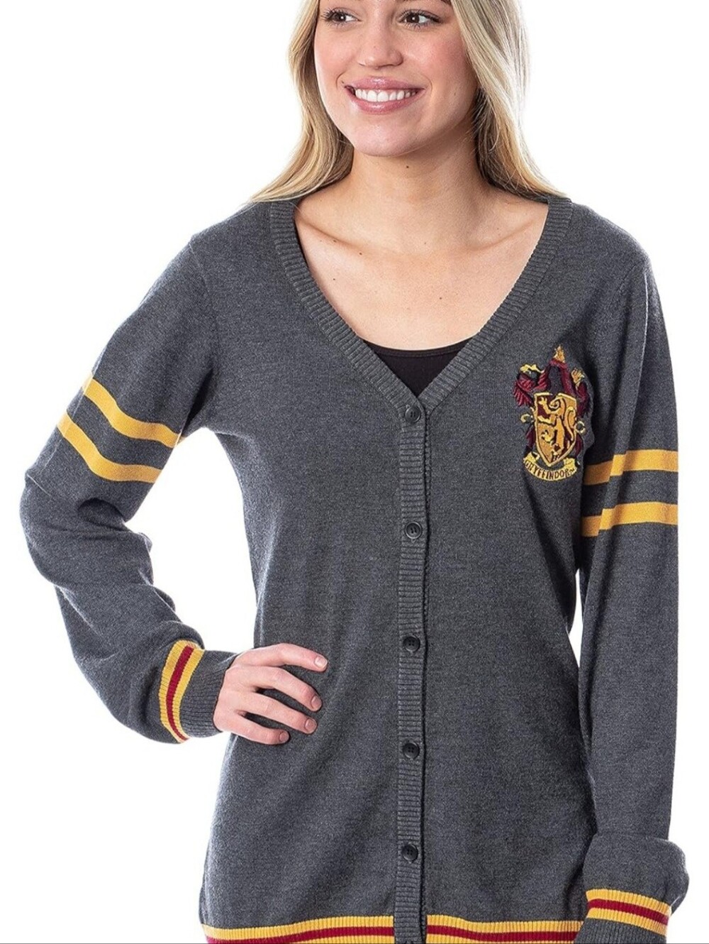 Gray V-Neck Cardigan with Gryffindor Crest and Gold Stripe Accents